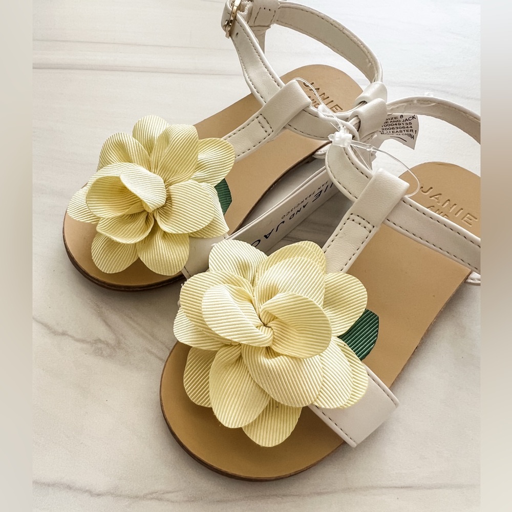 NWT! Janie and Jack White & Tan Sandals with Yellow Flower Size 8C